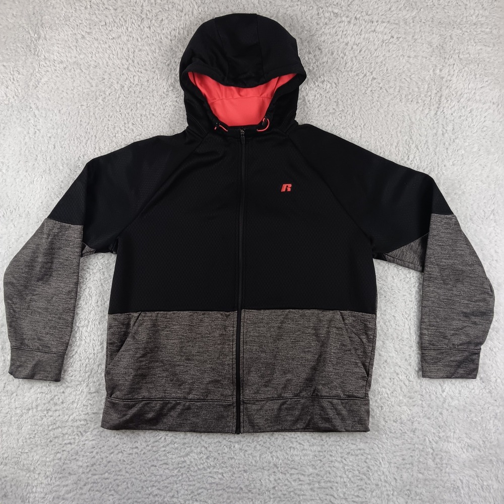 Russell Tech Fleece Full Zip Hoodie Mens XL Black Charcoal Colorblock Jacket